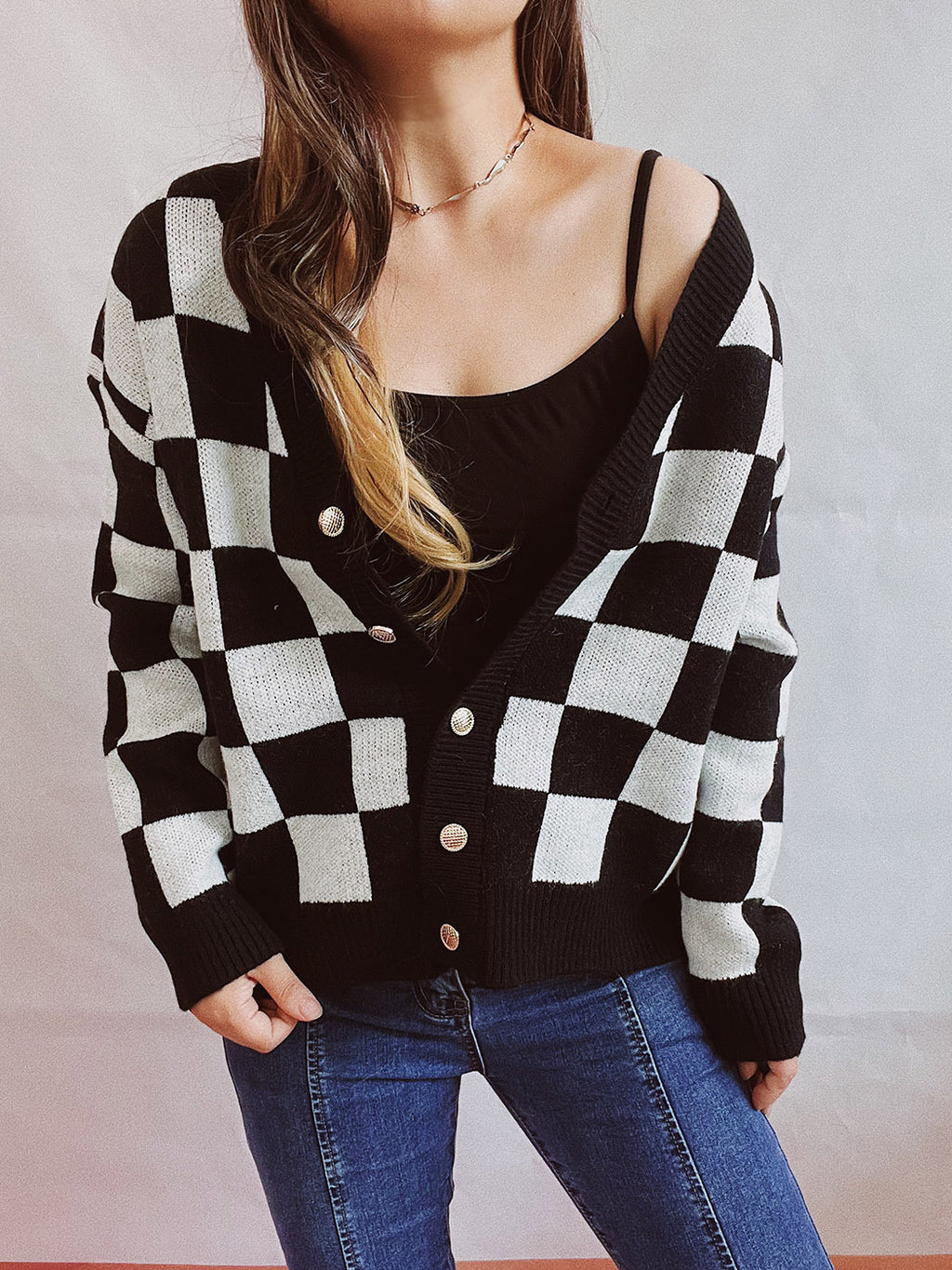 Asian Contrast Color Chessboard Plaid Autumn And Winter Women's Sweater