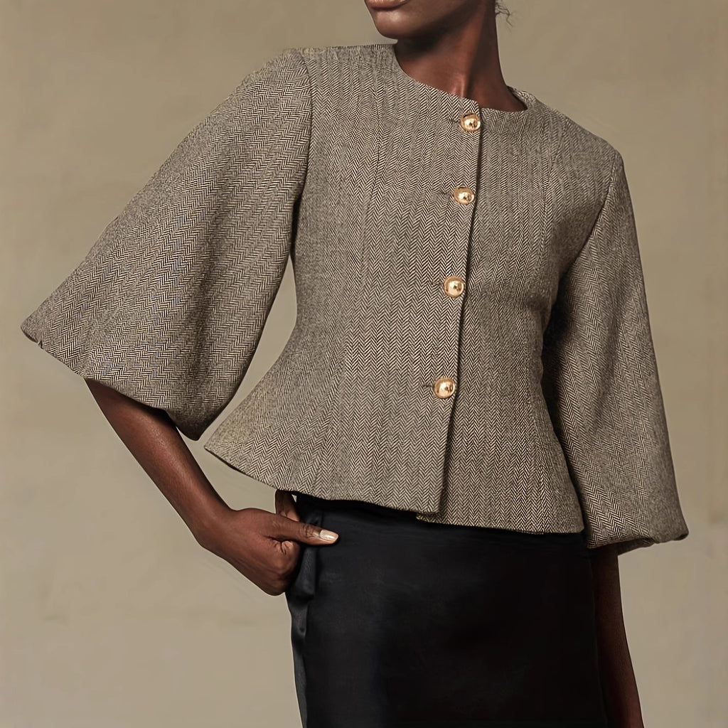 Best-selling Vintage Beige Belted Blazer With Balloon Sleeves