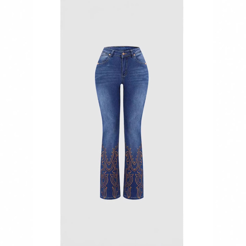 Womens Retro Beaded Embroidered Stretch Denim Jeans