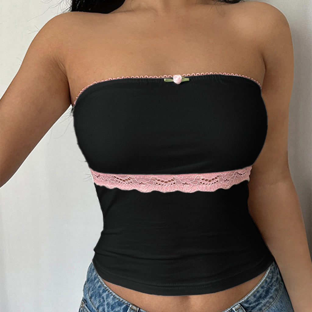 Contrast Color Lace Stitching Tube Top Vest Slim Top