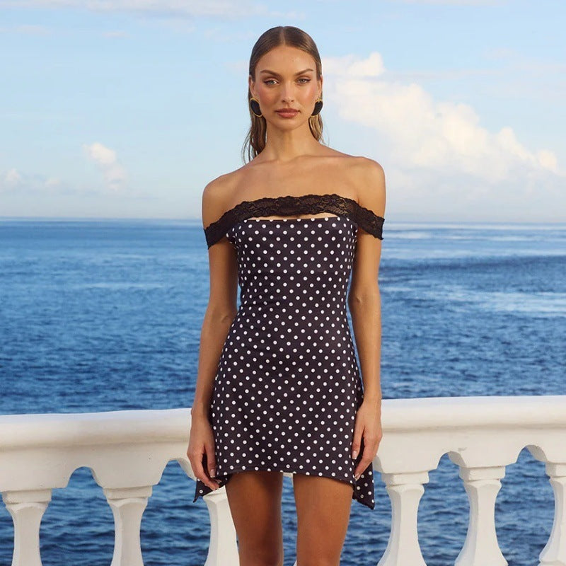 Fashion Dot Sexy Off-neck Pure Lace Slim Dress