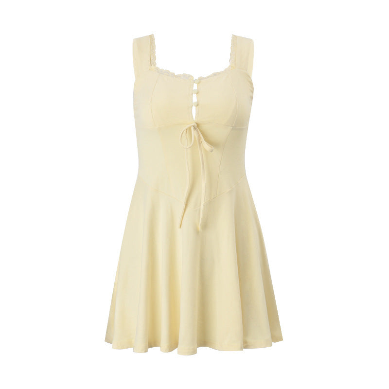 Sexy Square-neck Lace Waist Trimming Yellow Gallus Dress