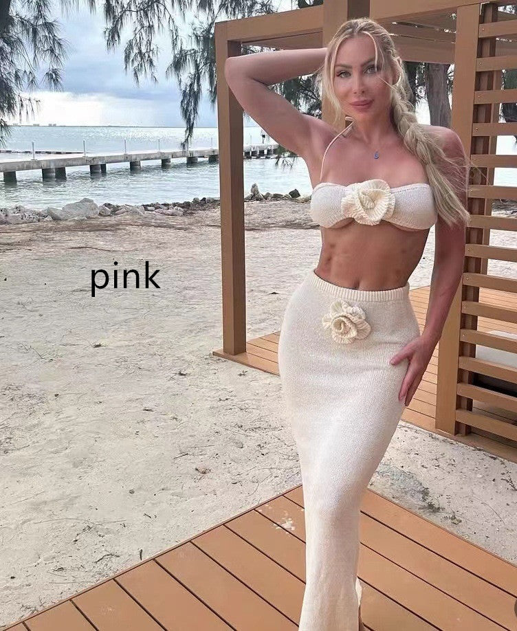 Tube Top Knitted Hollow Flower High Waist Suit Women