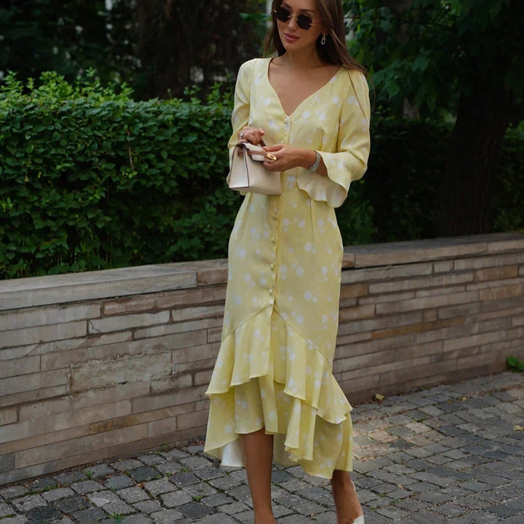 Asymmetric V-neck Flared Sleeves Floral Dress