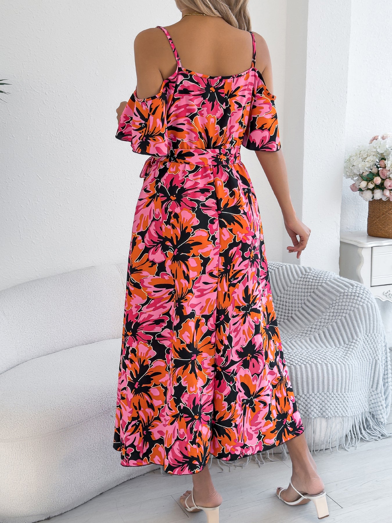 Off Shoulder Cross V Neck Floral Print Camisole Vacation Maxi Dress