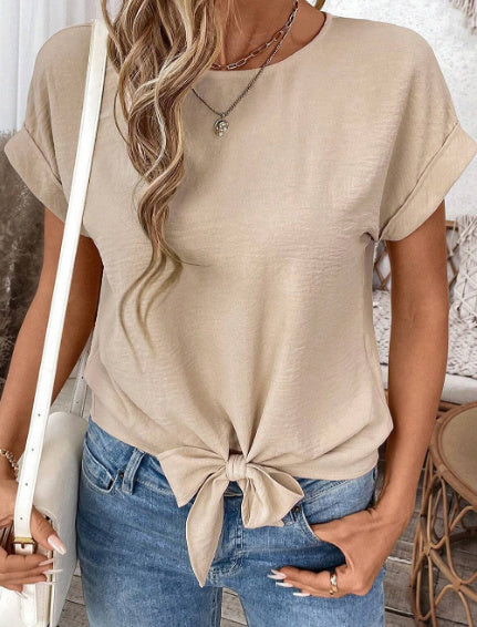 Parchment Solid Color Knotted Hem Short Sleeve Blouse
