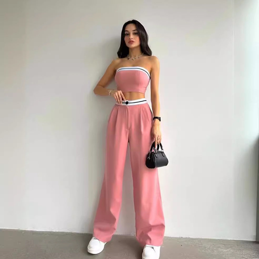 Women's Sports Vest Tube Top High Waist Wide Leg Pants Casual Suit