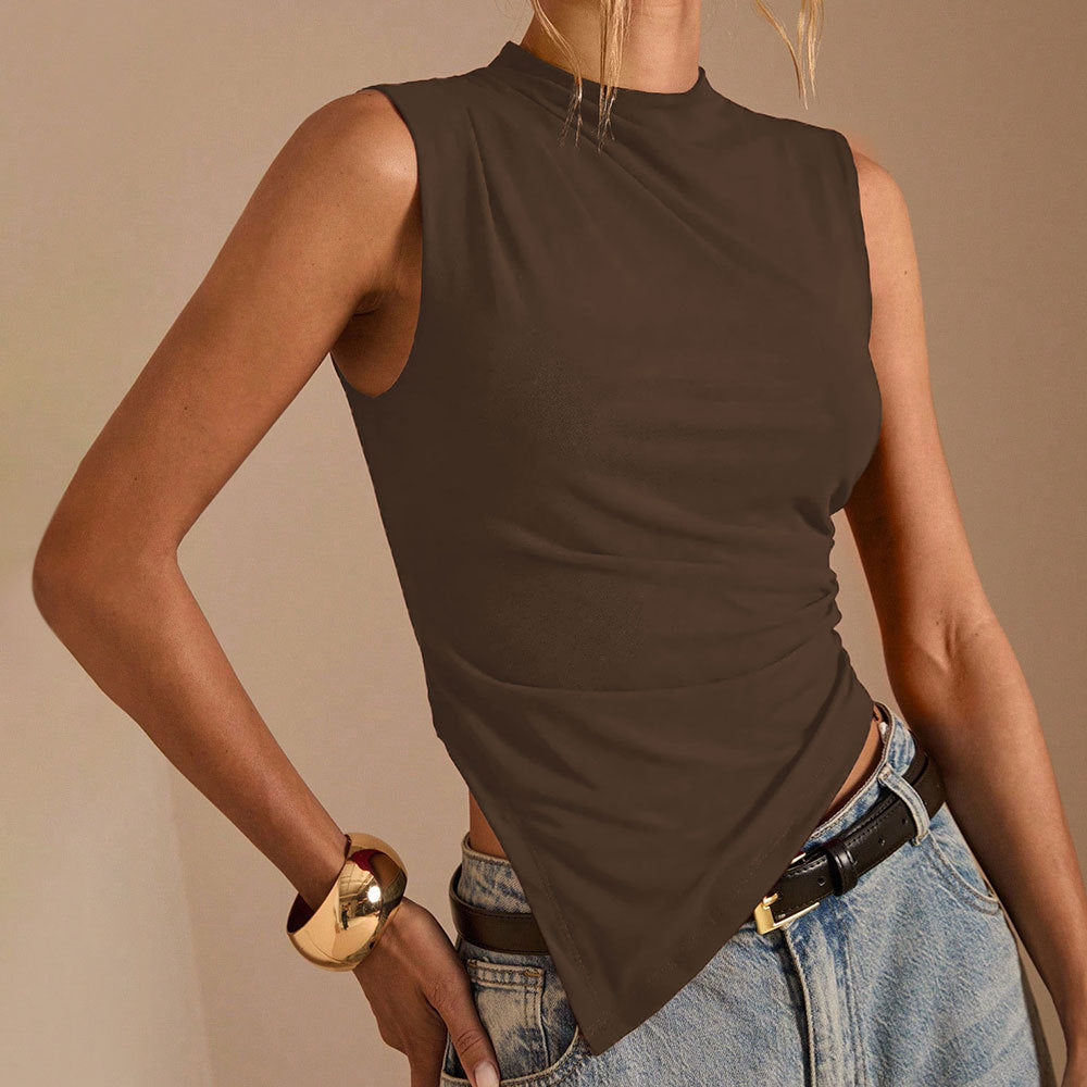 Womens Solid-color Asymmetrical-hem Sleeveless Top