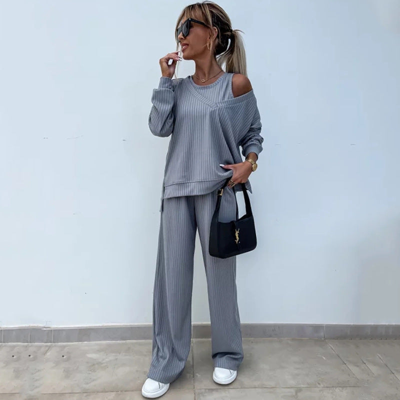 Women's Solid Color Vest Inner Match Long-sleeved V-neck Top Casual Pants Three-piece Set