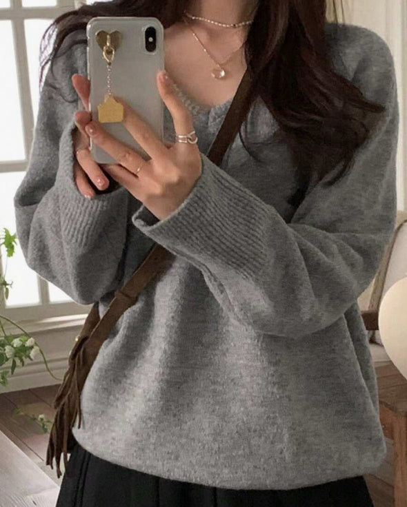 Women's V-neck Pullover Simple Solid Color