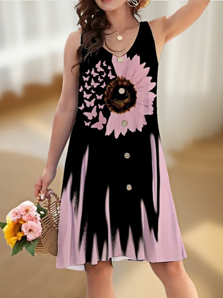 Women's Loose Sleeveless Twisted Button Printed Dress