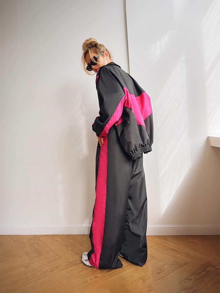 Casual Loose Color Matching Long Sleeve Zipper Cardigan Sports Suit