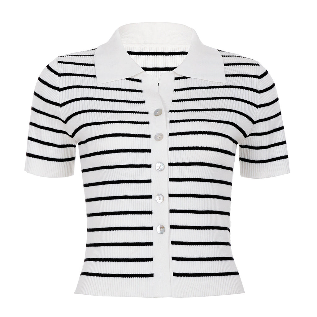 Contrast Color Striped Wool Short Sleeve Single Row Button Cardigan Top Women
