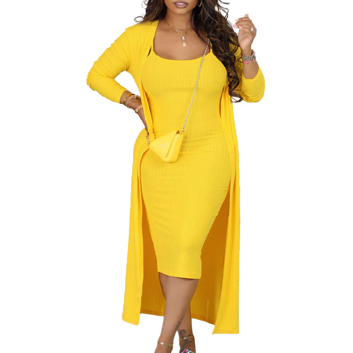 European And American Women's Clothing Casual Solid Color Suspender Skirt Long Twinset