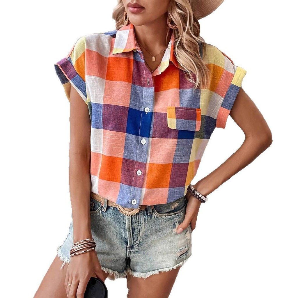 Fashion Polo Collar Dovetail Short Sleeve Plaid Shirt