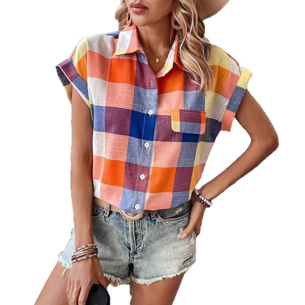 Fashion Polo Collar Dovetail Short Sleeve Plaid Shirt