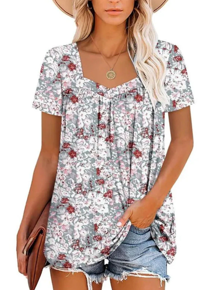 Women's Clothing Square Collar Short Sleeve Printed Loose T-shirt