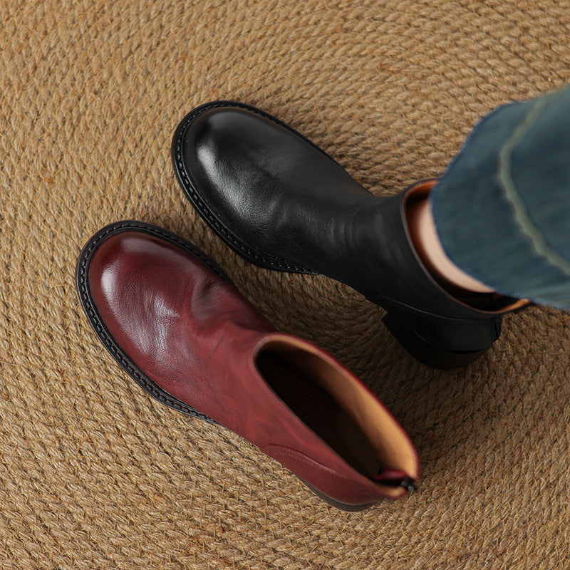 French-Style Retro Brown Round-Toe Ankle Boots