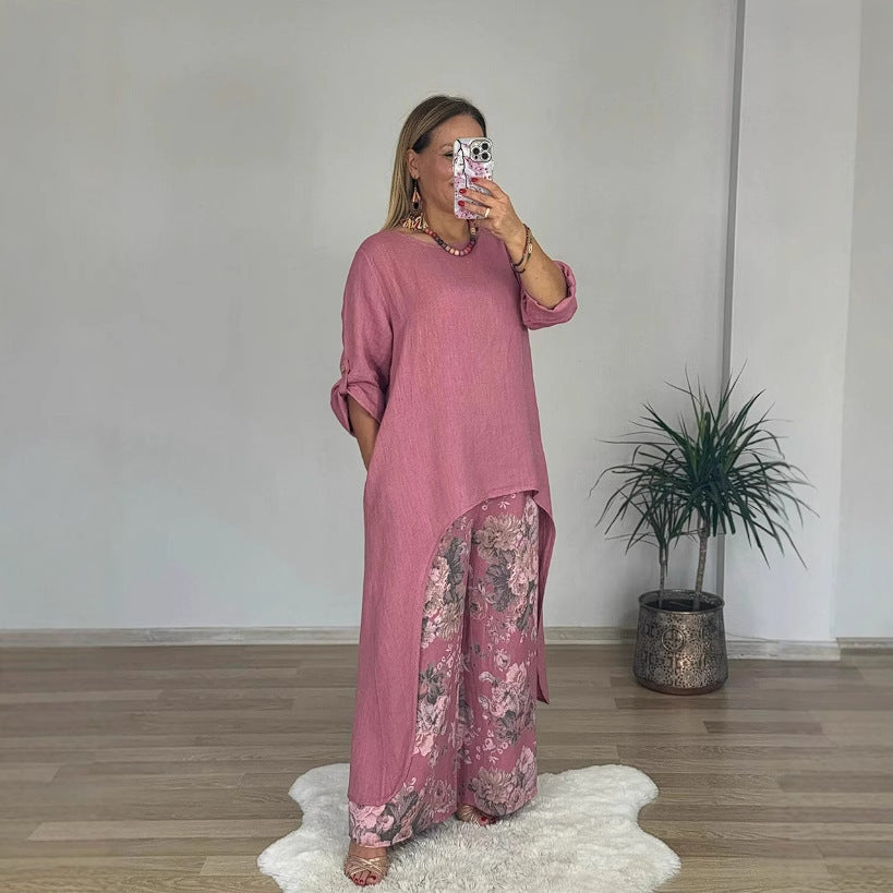 Women's Casual Cotton Linen Irregular Top Wide Leg Pants With Pockets Suit