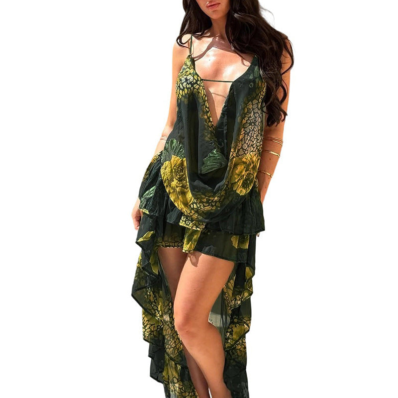 Deep V Sexy Backless Underwaist High Waist Irregular Skirt Suit