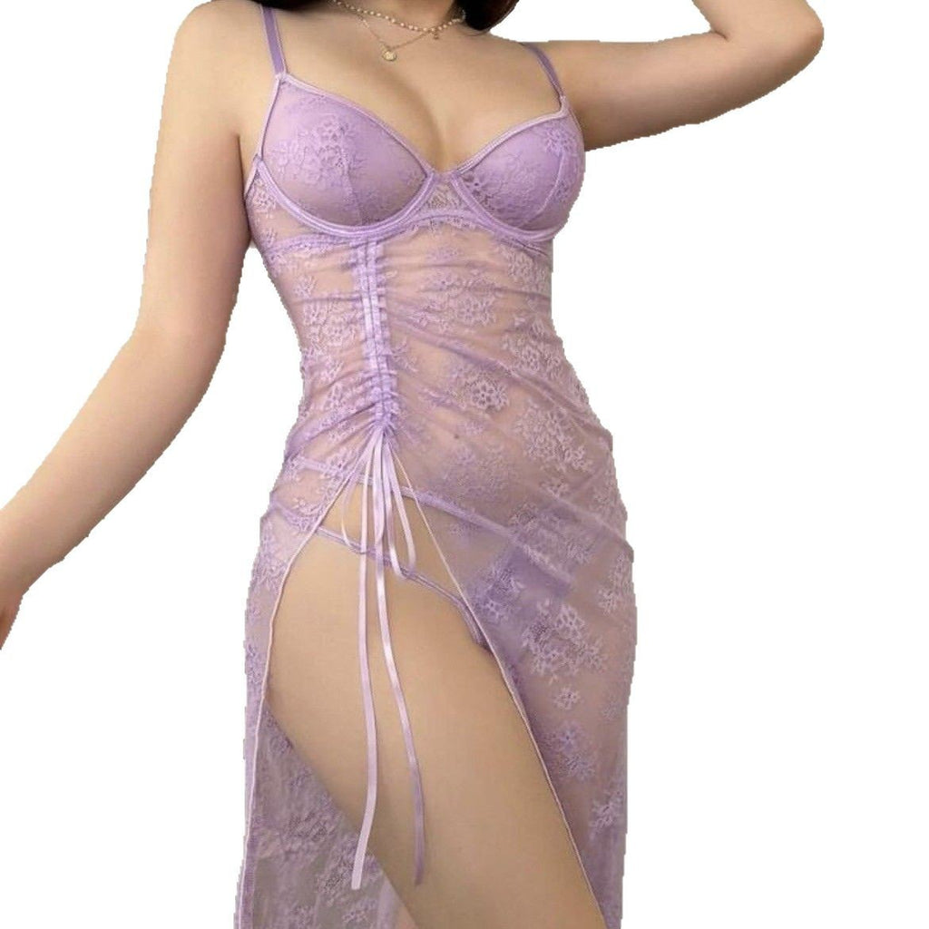 Embroidered Stockings Hollow Out Stitching Fishnet Suspenders See-through Suit