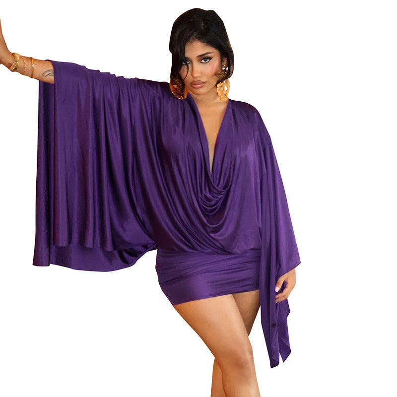 Women's Solid Color Elegant Draped Collar Swing Sleeve Bodycon Dress