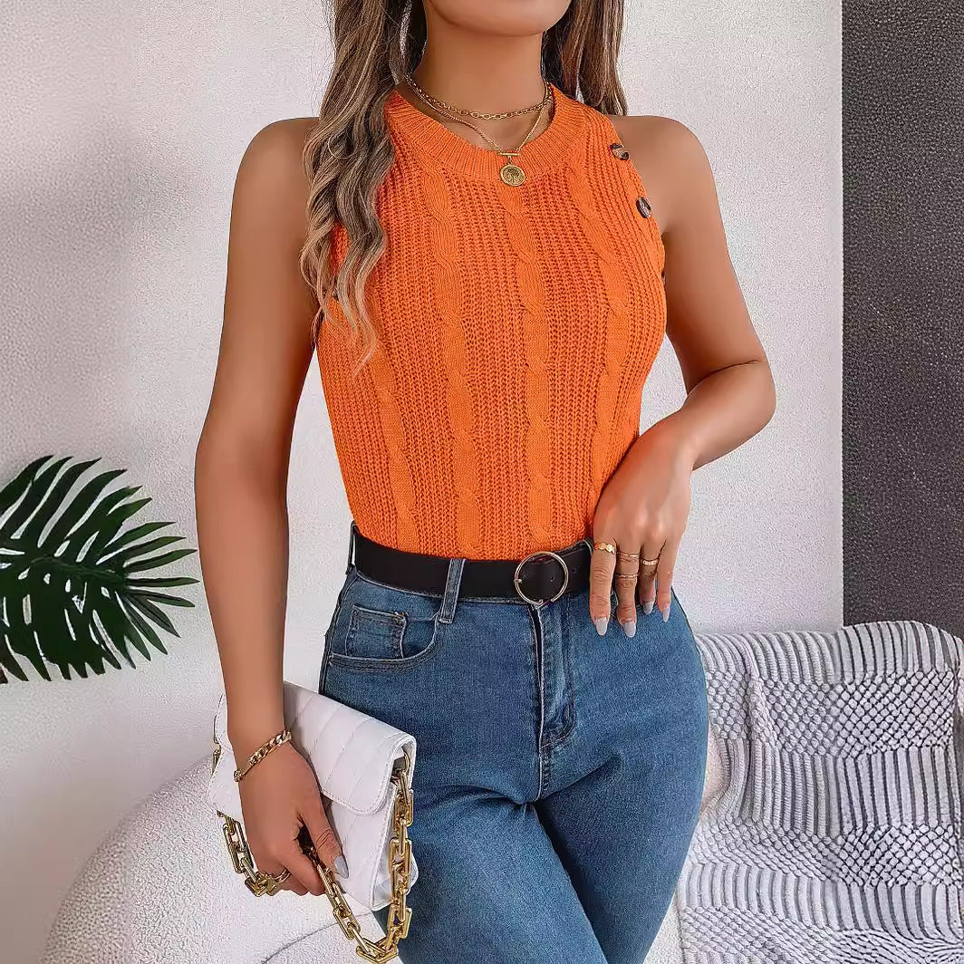 Sleeveless Knitted Resort Top With Buttons