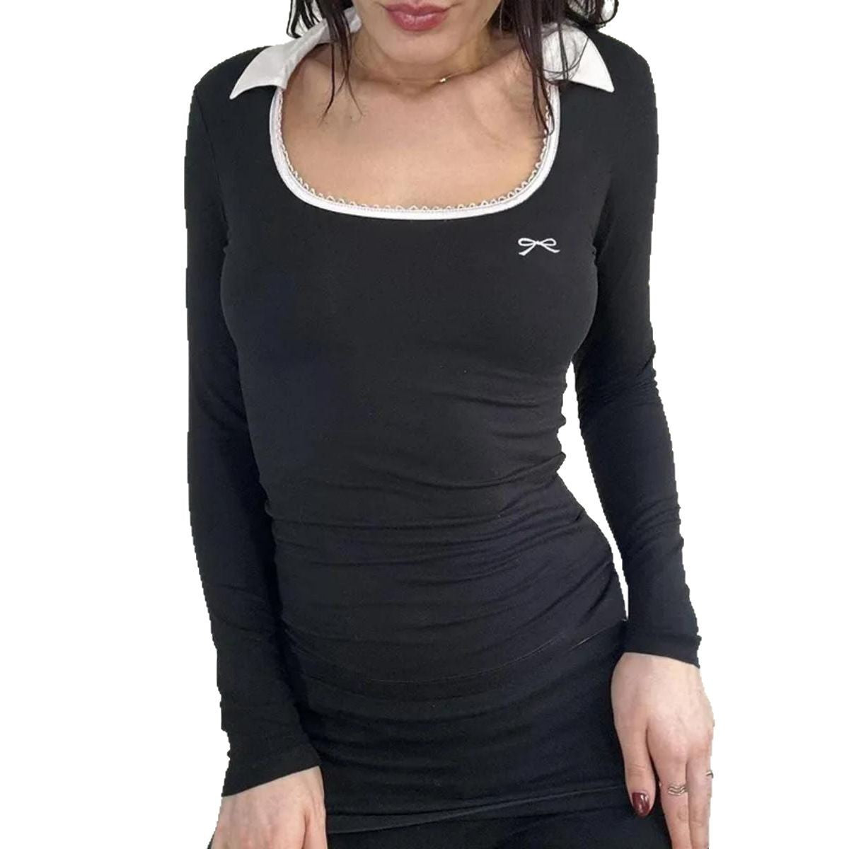Casual Slim-fit U-neck Solid Color Knitted Long-sleeved Top Women's Clothing