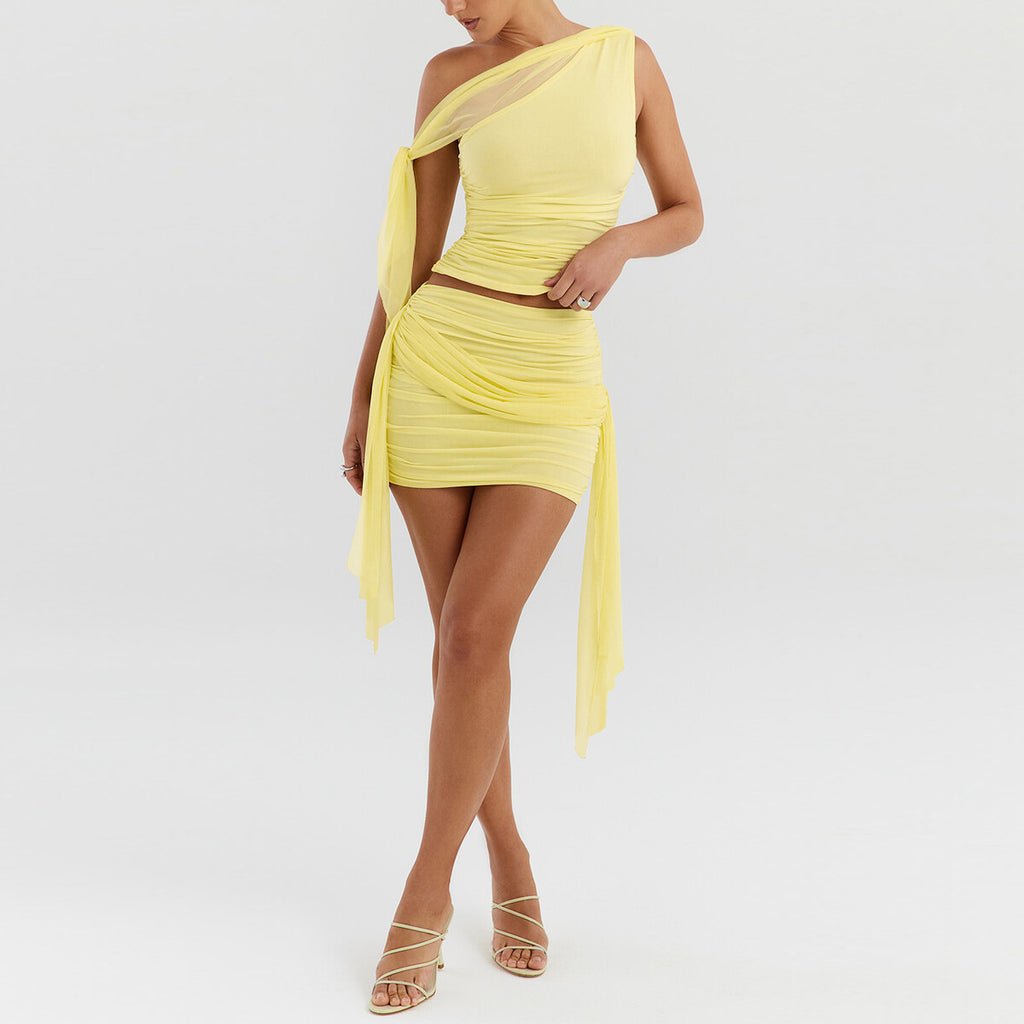 Sexy Pleated Slim Fit Skirt Mesh Stitching Two-piece Suit Pack