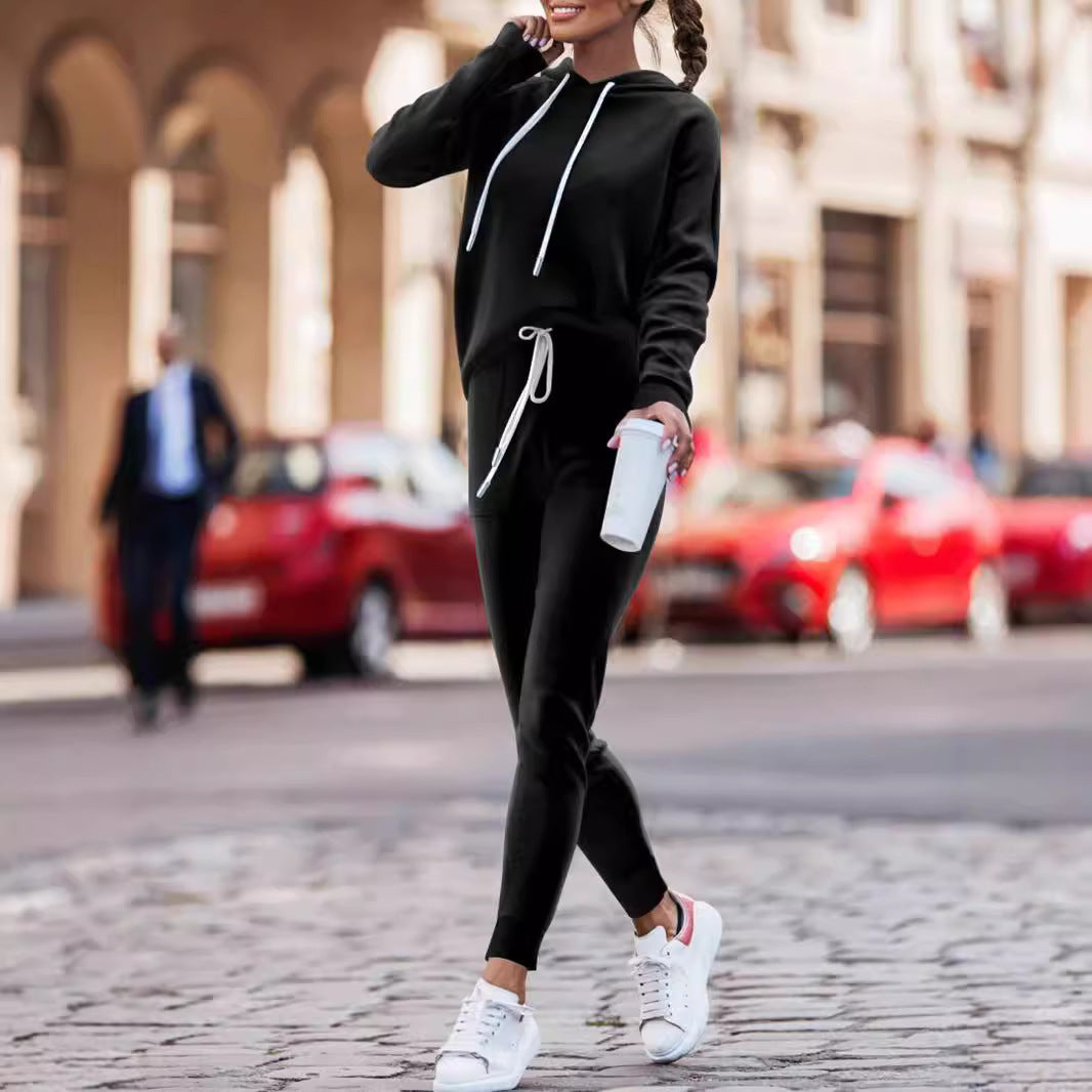 Hoodie With Drawstrings High Waist Trousers Casual Sweatshirt Two-piece Suit