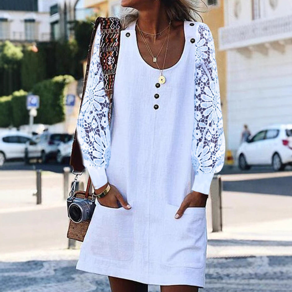 European And American Fashion Solid Color Hollow-out Long Sleeve U-neck Pocket Button Dress