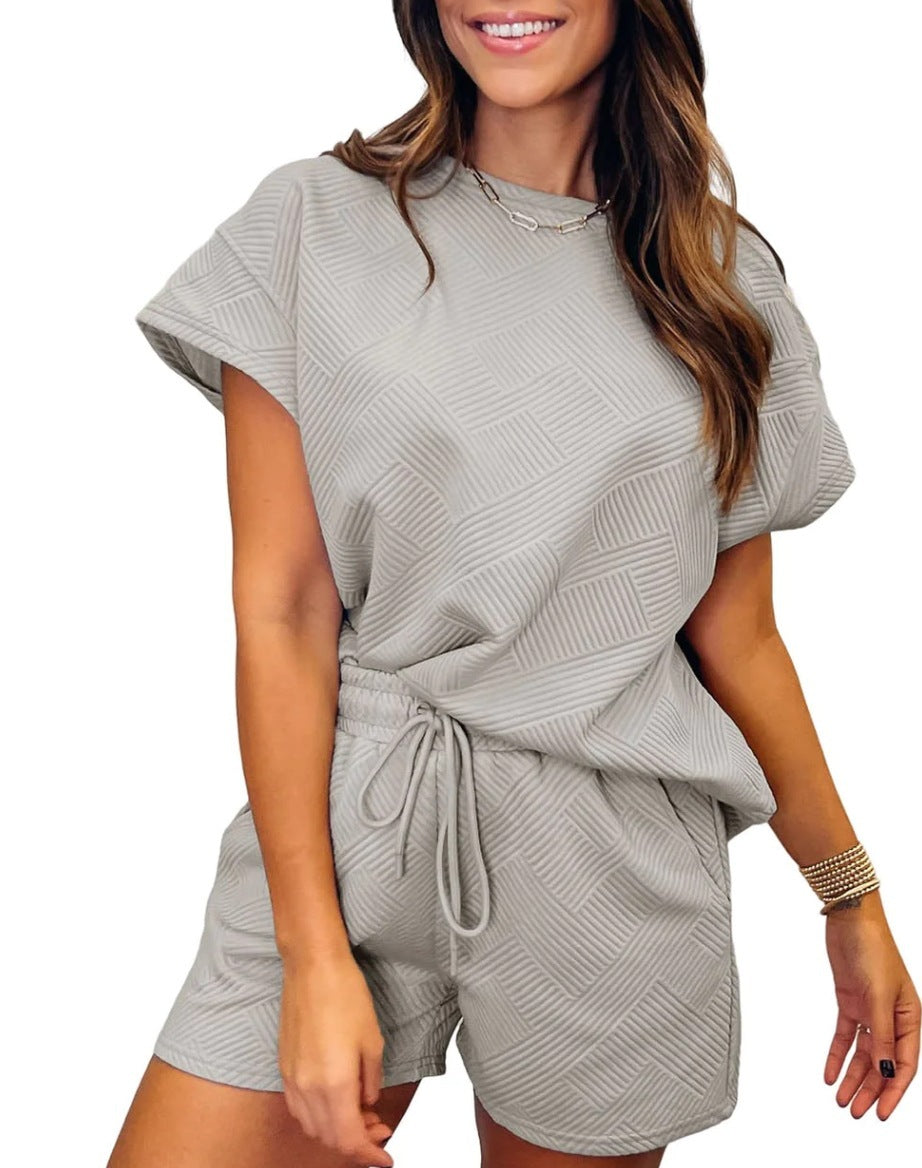 Solid Color Round Neck Short Sleeves Top Shorts Suit