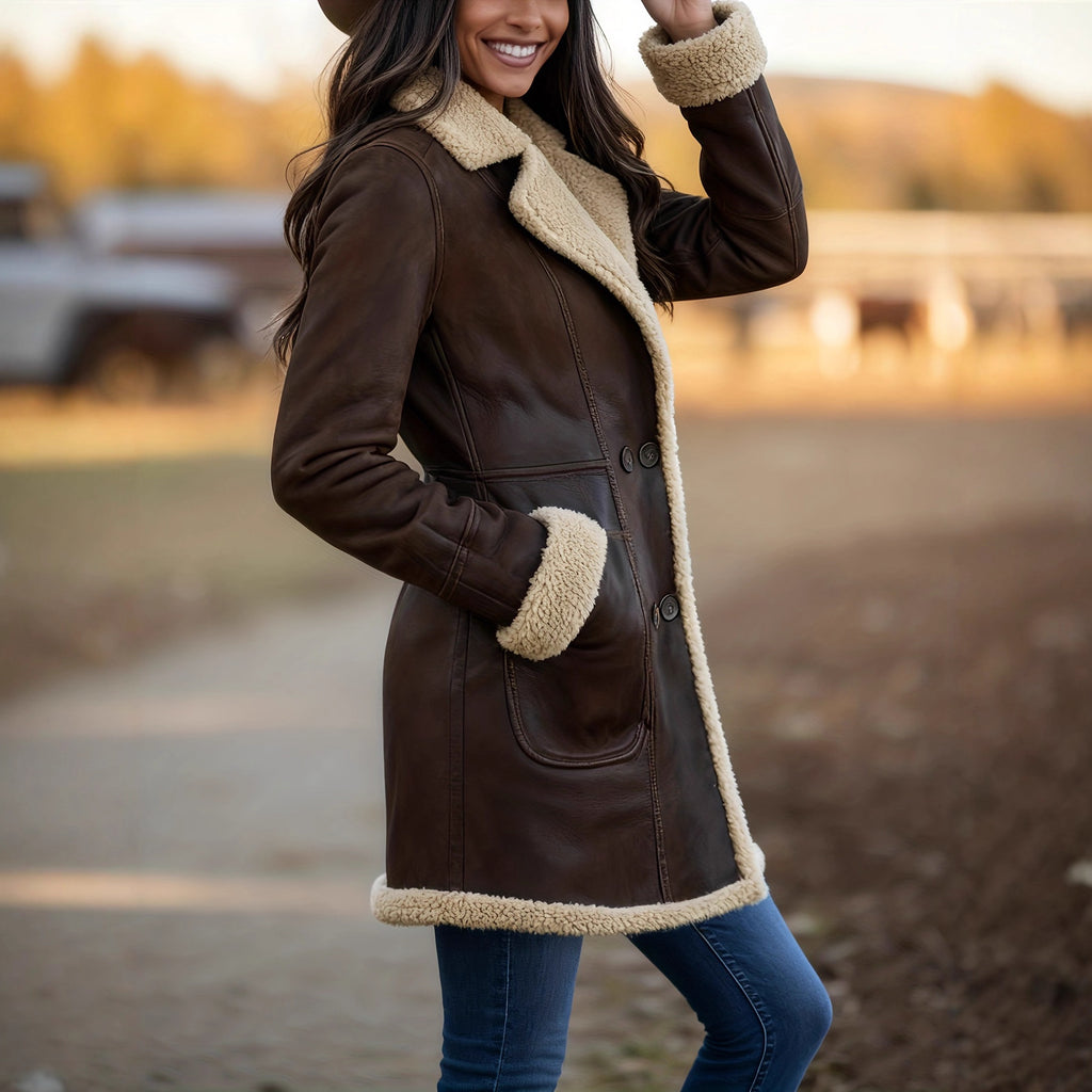 Womens New Mid-Length Fleece-Lined Retro Plush Lapel Pocket Double-Breasted Leather Coat