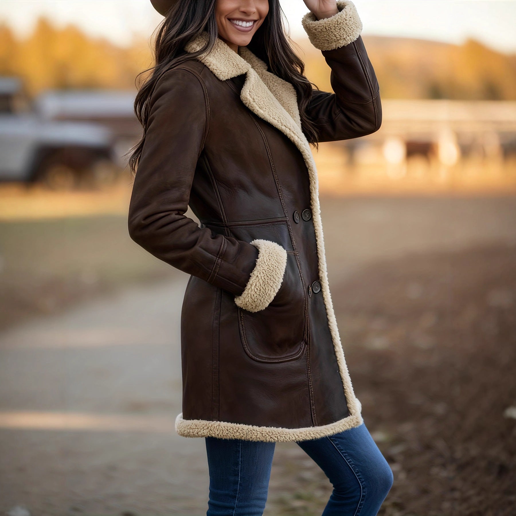 Womens New Mid-Length Fleece-Lined Retro Plush Lapel Pocket Double-Breasted Leather Coat