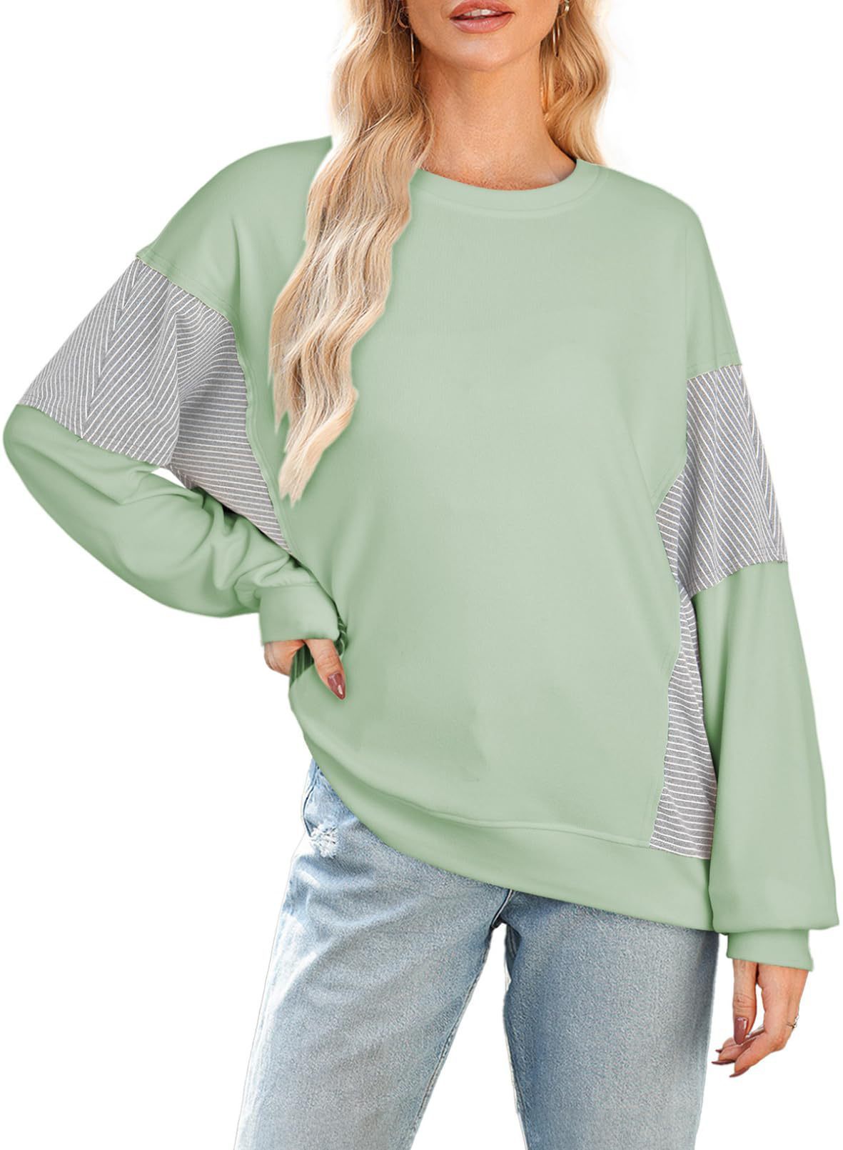 Striped Color-blocked Round Neck Versatile Casual Long-sleeved Sweatshirt