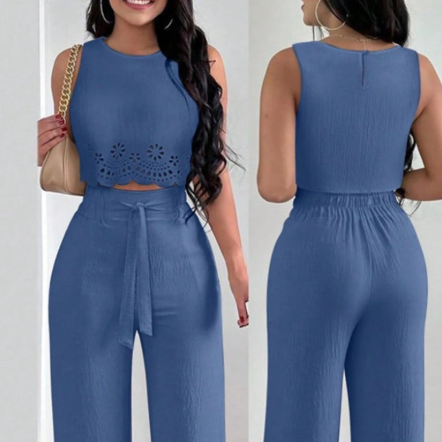 Womens Floral Off-Shoulder Sleeveless Top And Tie-Front Pants Casual Set