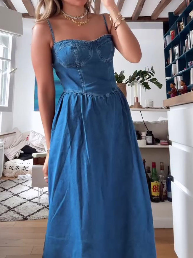 Denim Suspenders Maxi Dress