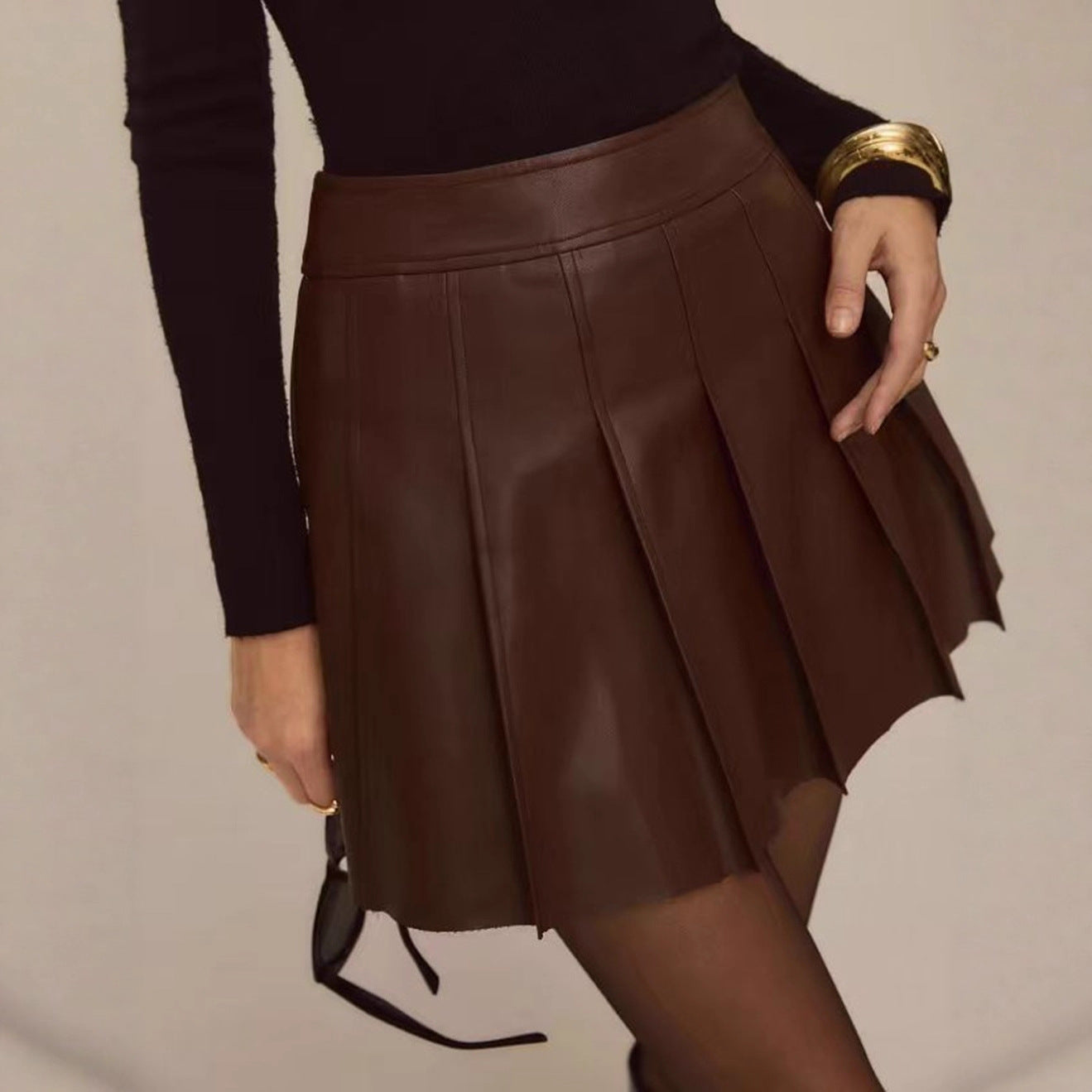 Coffee-colored PU Leather Skirt Short Skirt Spicy Girls Pleated Skirt