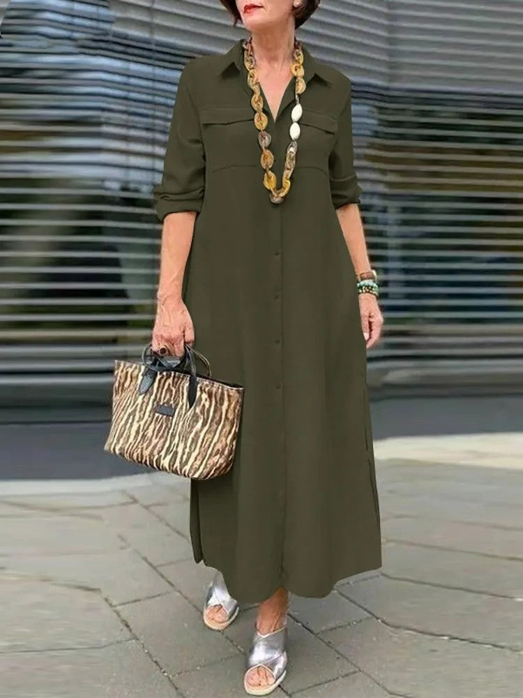 Elegant Solid Color Long Sleeve Button Lapel Dress