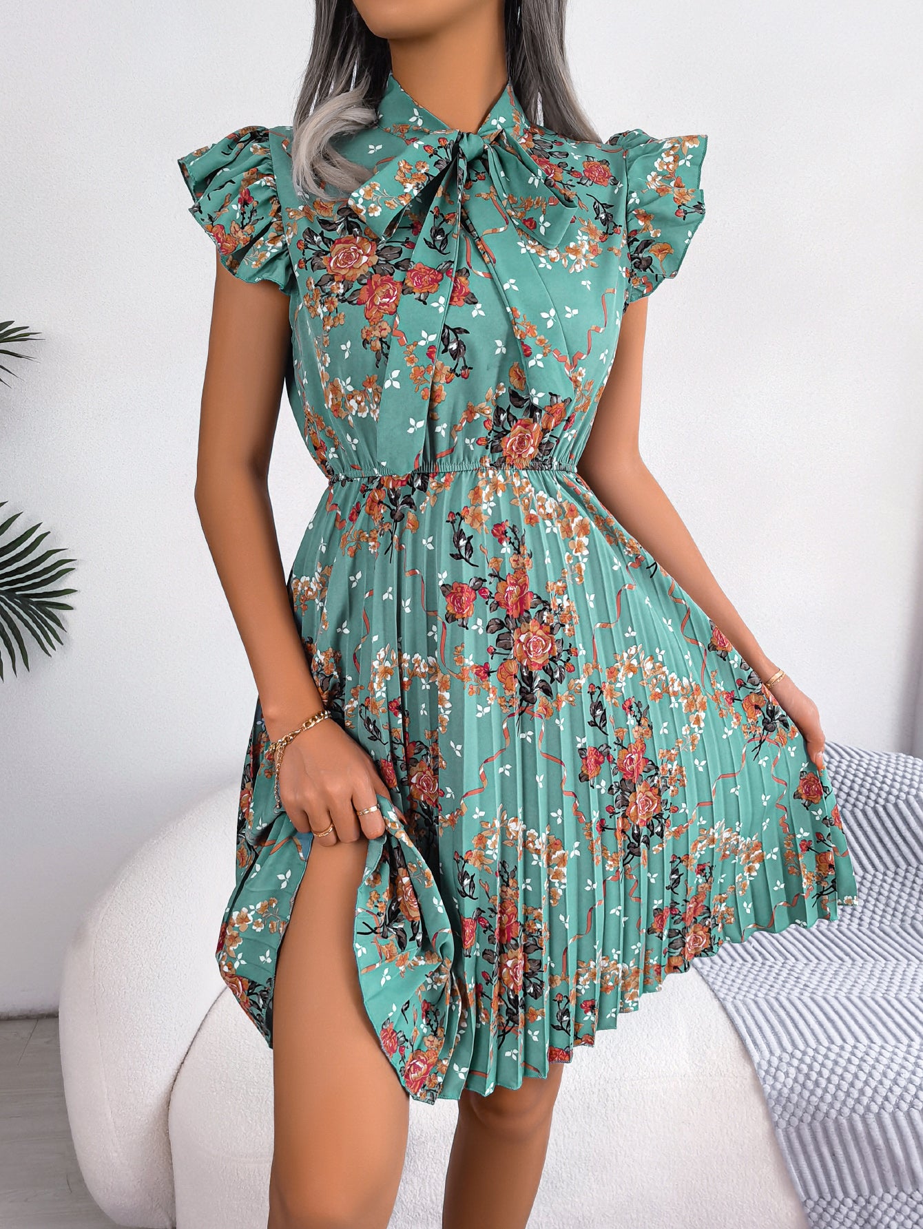 Elegant Floral Print Tie Waist Flowy Pleated Skirt