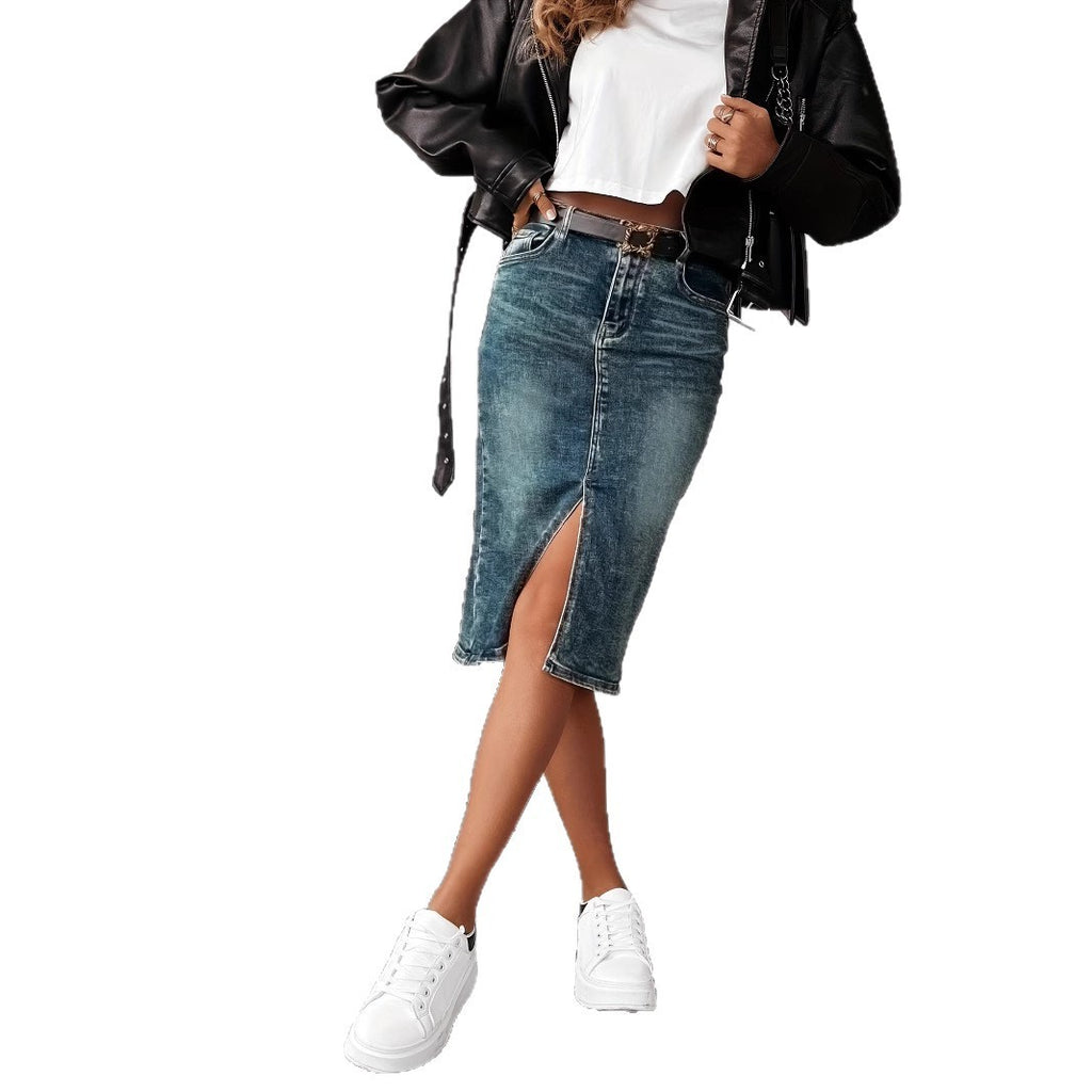 Heavy Industrial Overdye Wash, Hip-hugging Front Slit Denim Pencil Midi Skirt