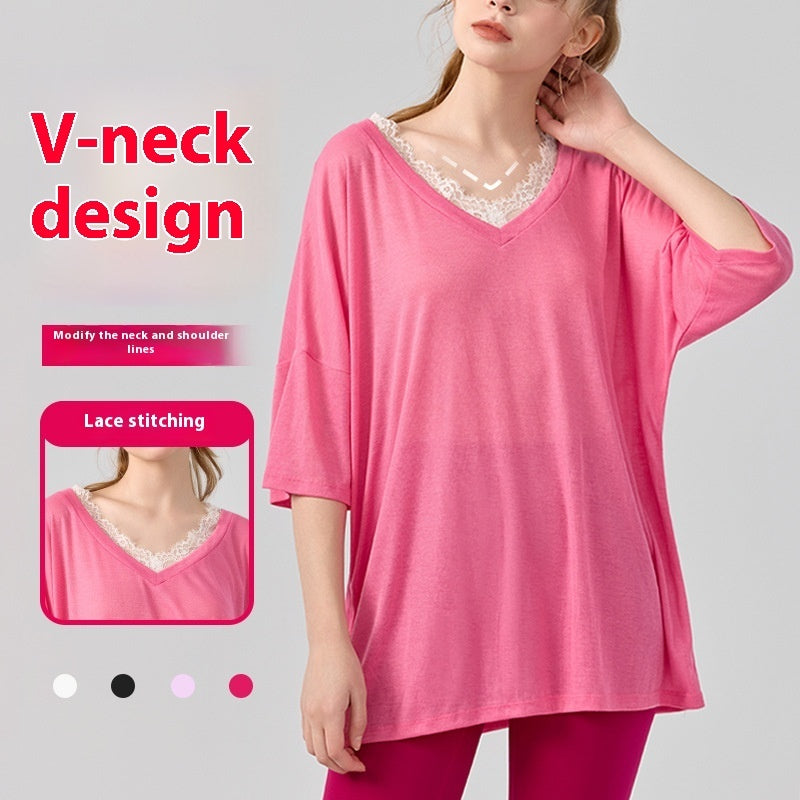 Pilates Yoga Clothes V-neck Lace Solid Color Short Sleeve Blouse