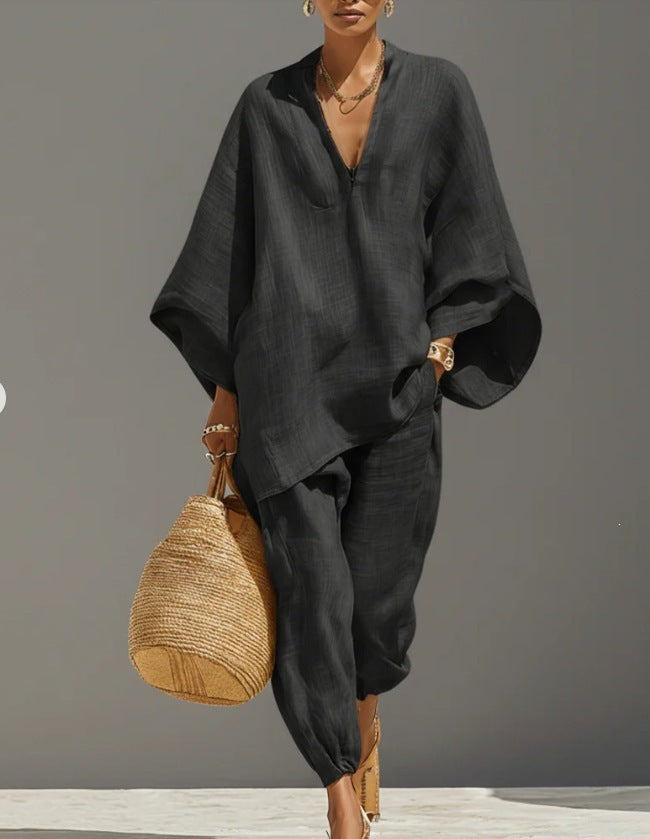 Casual Relaxed Loose-Fitting Solid-Color Shirt Set