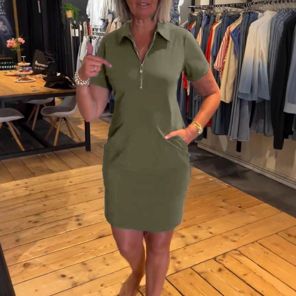European And American Fashion Casual Lapel Short Sleeve Zipper Solid Color Dress