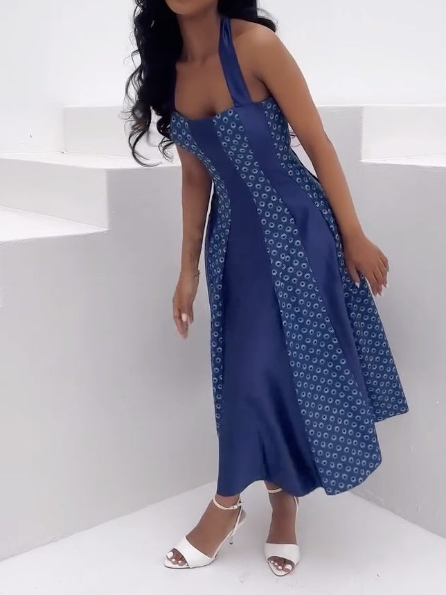 Royal Blue Geometric Print Halter Neck Waist-Cinching Flared Midi Dress
