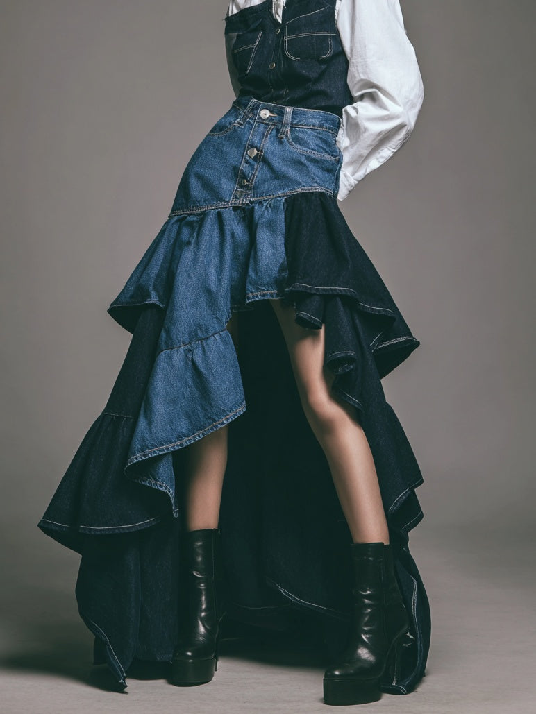 Two-Tone Denim High Waist Asymmetric Multi-Layer Ruffle Midi Skirt