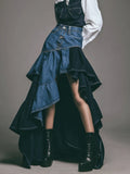 Two-Tone Denim High Waist Asymmetric Multi-Layer Ruffle Midi Skirt