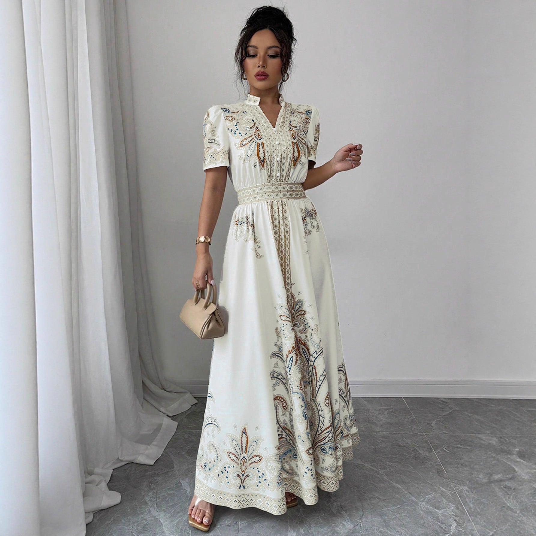 Paisley-patterned, High-waisted, Stand-collar Lace-trimmed, Draping Maxi Dress