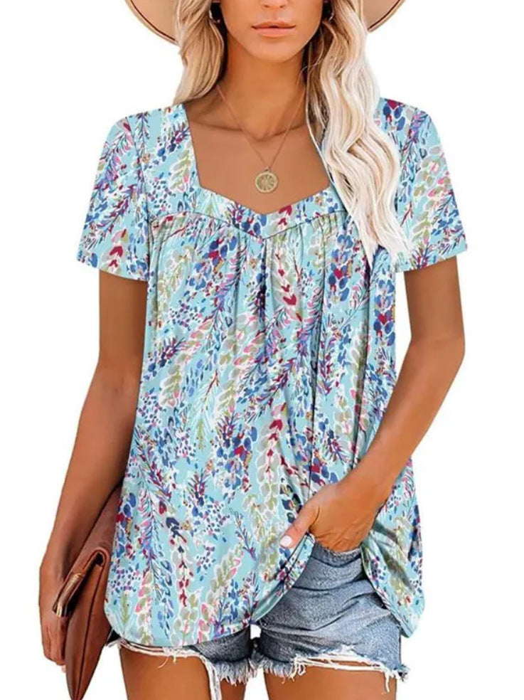 Women's Clothing Square Collar Short Sleeve Printed Loose T-shirt