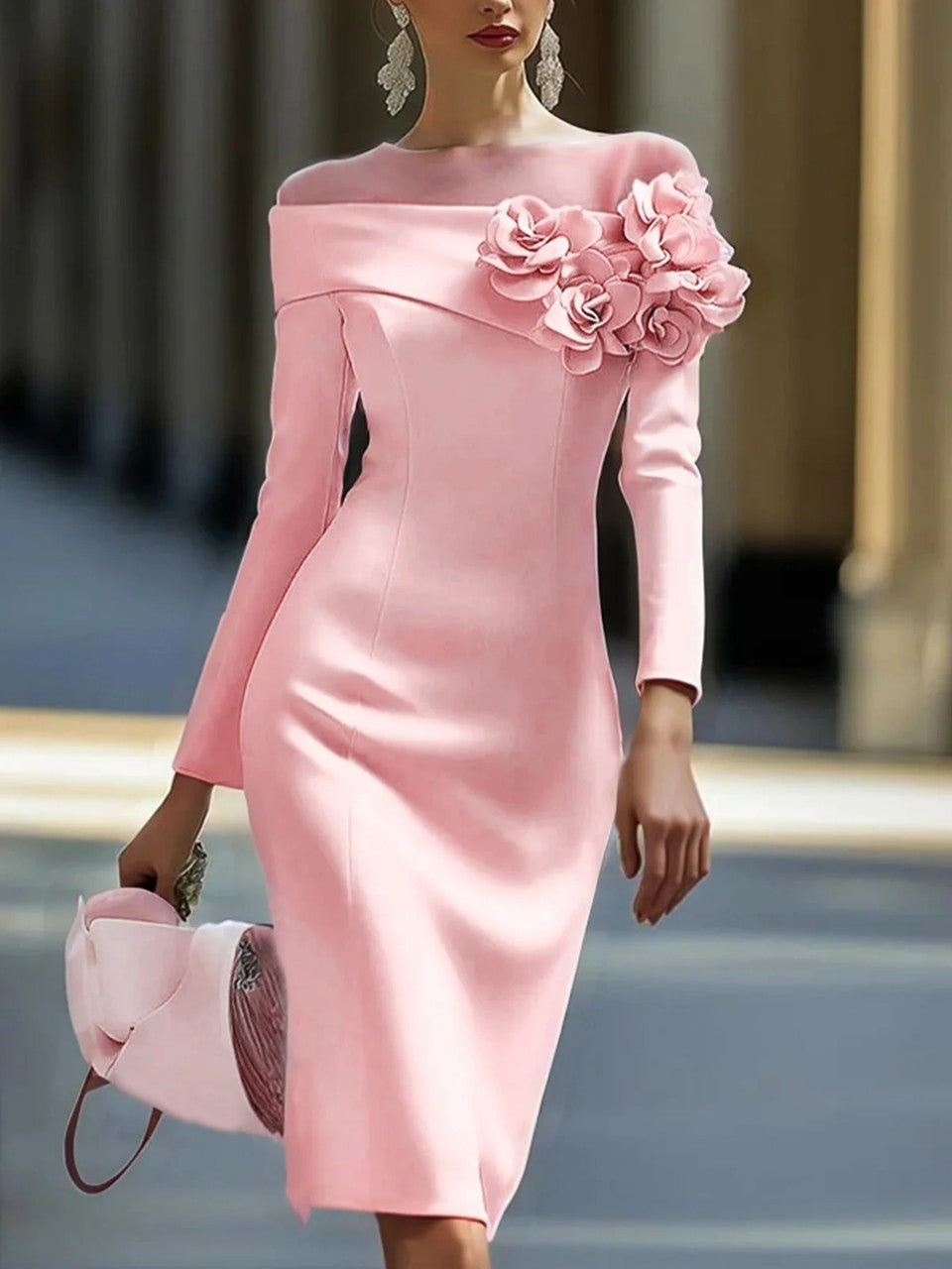 Floral-decorated Solid-color Slim-fit Dress